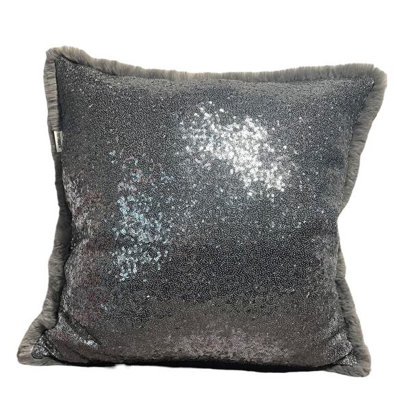 Pier 1 Imports Accent Throw Pillow Silver Sequin Gray Faux Fur 18"x18" Soft Cozy - Picture 1 of 5